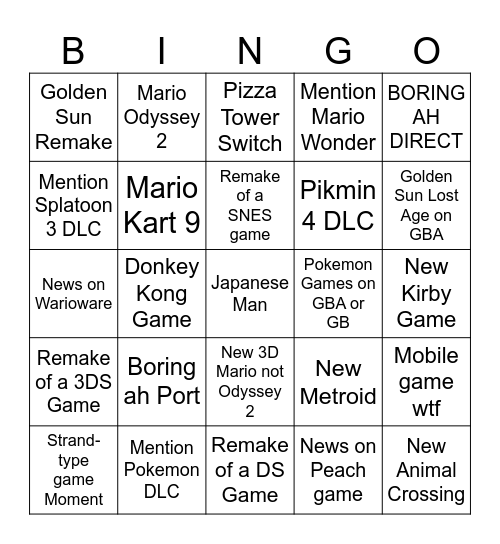 Nintendo Direct 9/14/2023 Bingo Card