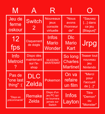 Nintendo Direct Septembre Bingo Card