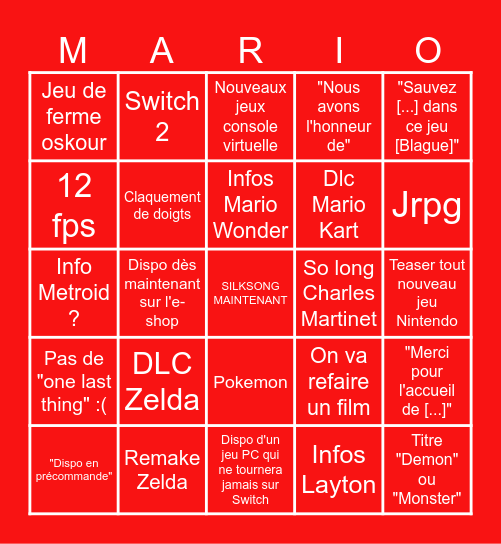 Nintendo Direct Septembre Bingo Card