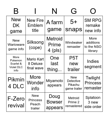 Nintendo Direct 9.14.23 Bingo Card