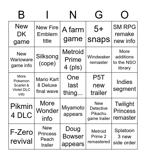 Nintendo Direct 9.14.23 Bingo Card