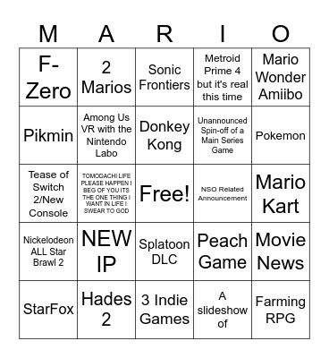 Nintendo Direct Bingo Card