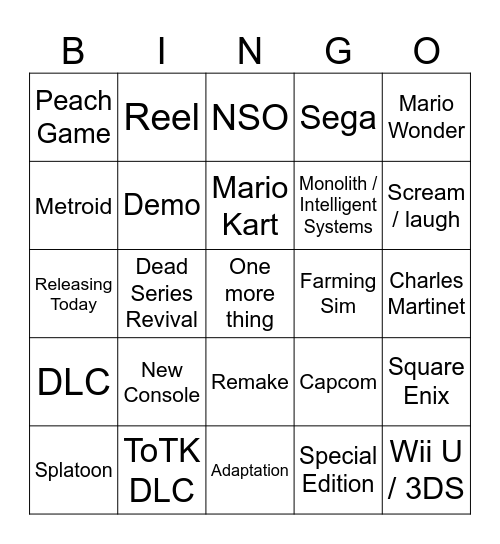 Nintendo Direct Bingo Card