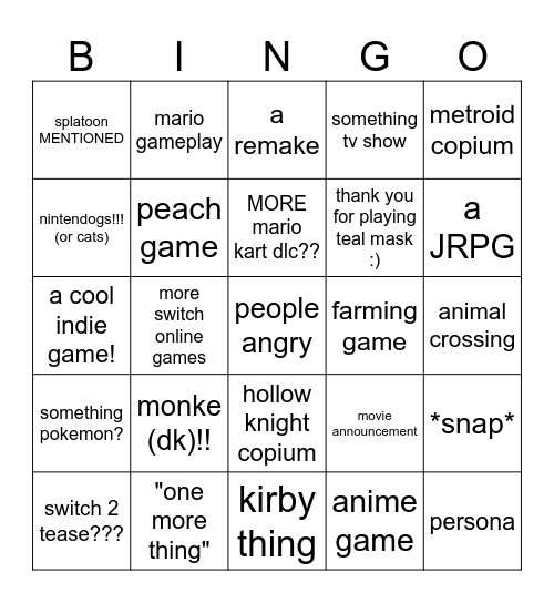 NINTENDO DIRECT Bingo Card