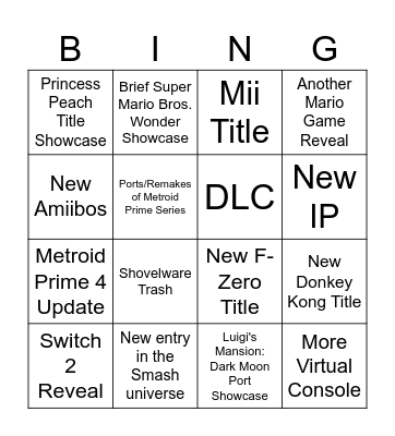 Nintendo Direct 9/14/23 Predictions Bingo Card