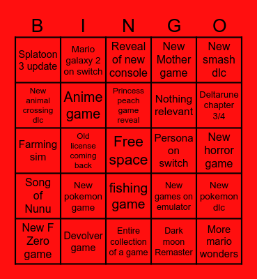 Nintendo direct Bingo Card