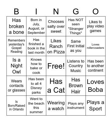 Get to Know Someone Bingo Card