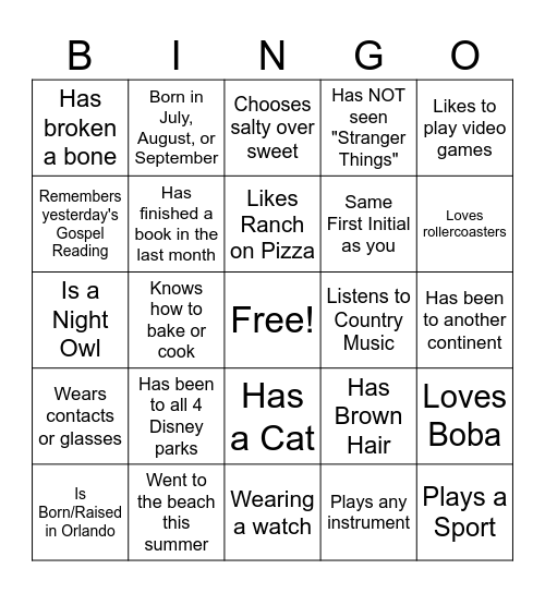 Get to Know Someone Bingo Card