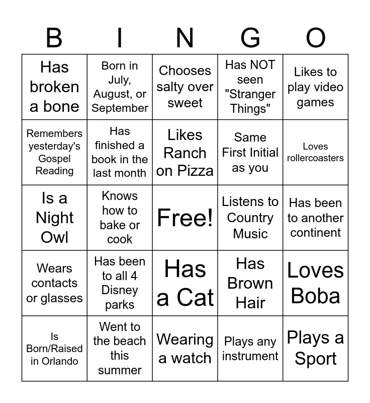 Get to Know Someone Bingo Card