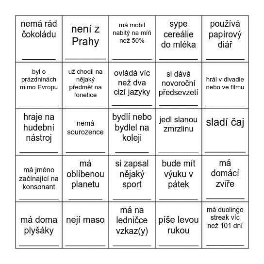 Najdi člověka, který...                                      (a spoj řádek/sloupec/úhlopříčku) Bingo Card