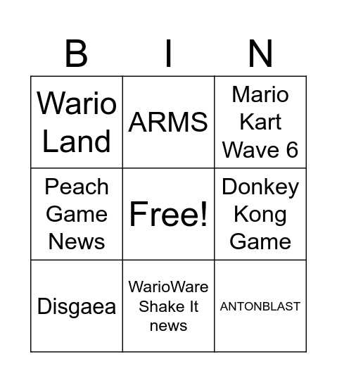 Nintendo Direct 2023 Bingo Card