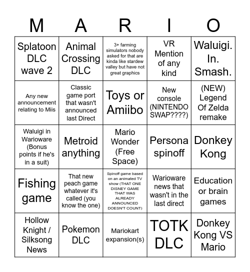 Nintendo Direct 9/14/2023 Predictions Bingo Card