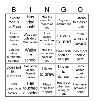 Middle School BINGO Card