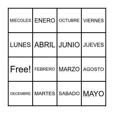 DAYS AND MONTHS IN SPANISH Bingo Card