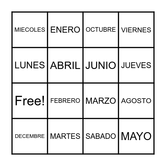 DAYS AND MONTHS IN SPANISH Bingo Card