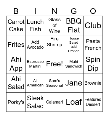 Lunch Bingo Card