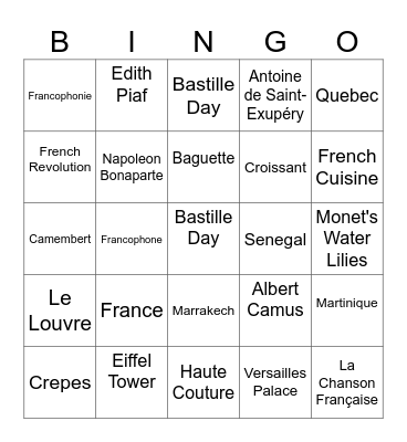 Francophone Bingo Card