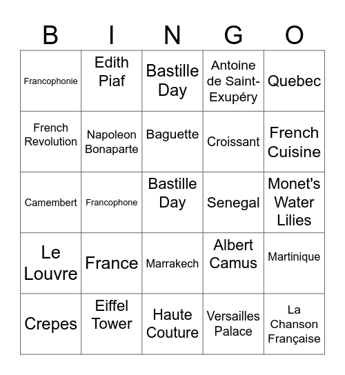 Francophone Bingo Card