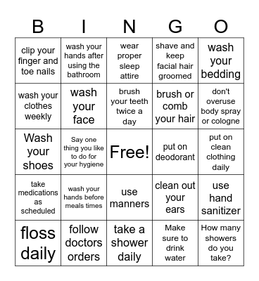 Hygiene Bingo Card