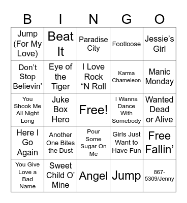 80's Music Bingo Card