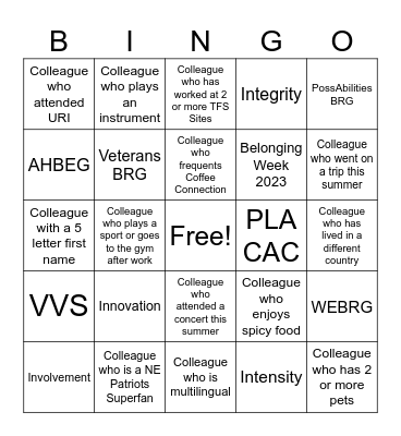 PLA Belonging Week BINGO Card