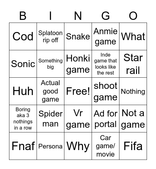 PlayStation bingo Card