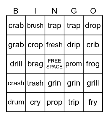 Blends fr, cr, br, dr, gr, pr, tr Bingo Card