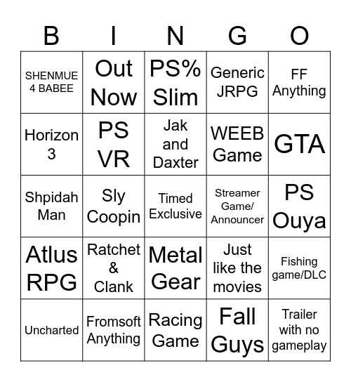Sony State of Play Bingo Card