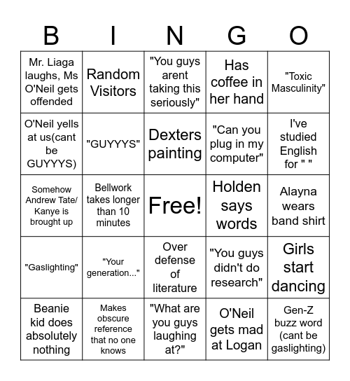 2nd Hour Bingo Card