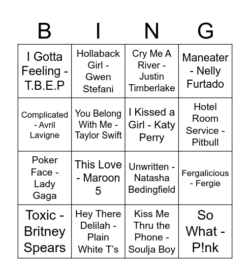 Y2K Pop Bingo Card