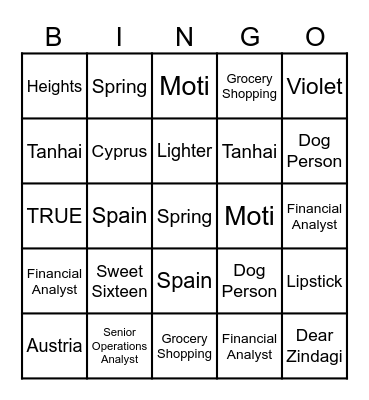 Vanessa's Bingo Card