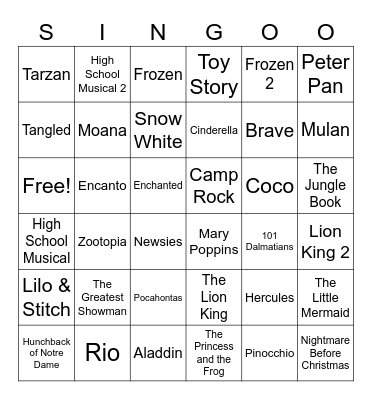 Disney SINGO Bingo Card