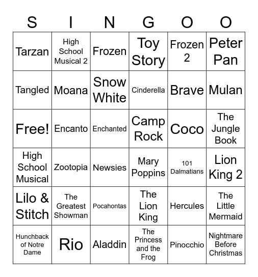 Disney SINGO Bingo Card