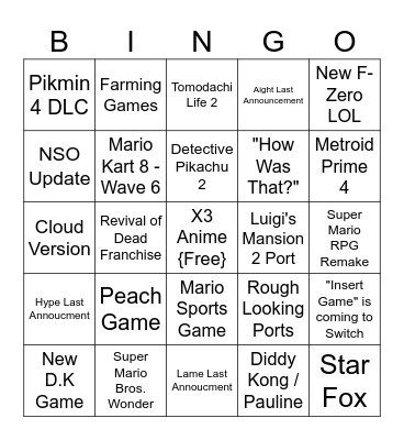 Nintendo Direct 9.14.2023 Bingo Card