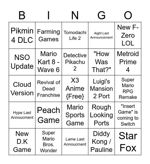 Nintendo Direct 9.14.2023 Bingo Card