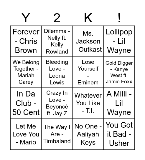 Y2K R&B / Hip-Hop Bingo Card