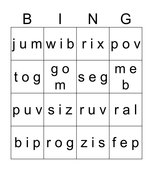 Nonsense Word Bingo Card