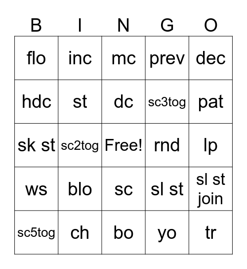 Crochet Terms & Abbreviations Bingo Card
