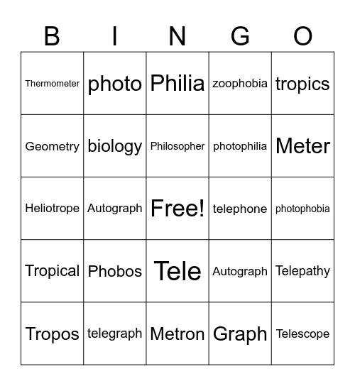 Roots 1-7 Bingo Card