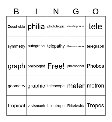 Root Words Bingo Card