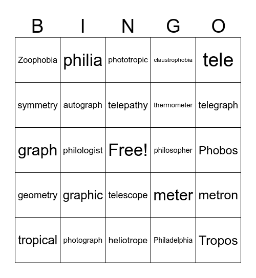 Root Words Bingo Card