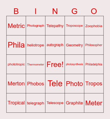 Roots 1-7 Bingo Card