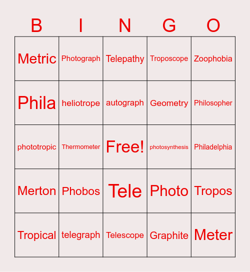 Roots 1-7 Bingo Card