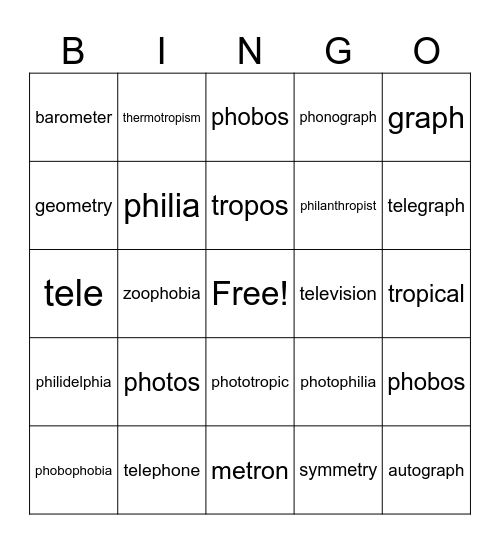 Roots 1-7 Bingo Card