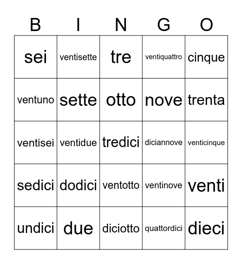 I Numeri 1-31 Bingo Card