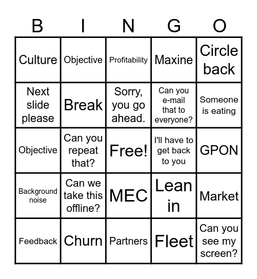 Leadership/Director Meeting Bingo Card