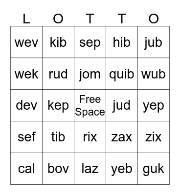 Nonsense Word Lotto Bingo Card