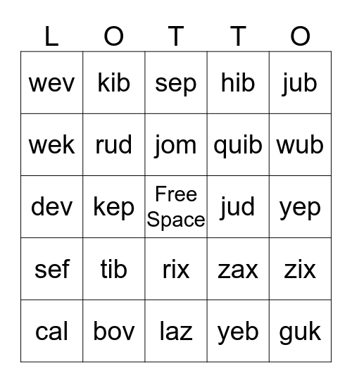 Nonsense Word Lotto Bingo Card