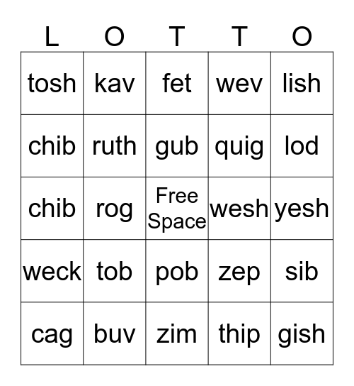 Nonsense Word Lotto Bingo Card