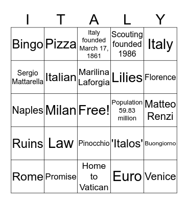 Italian Bingo Card